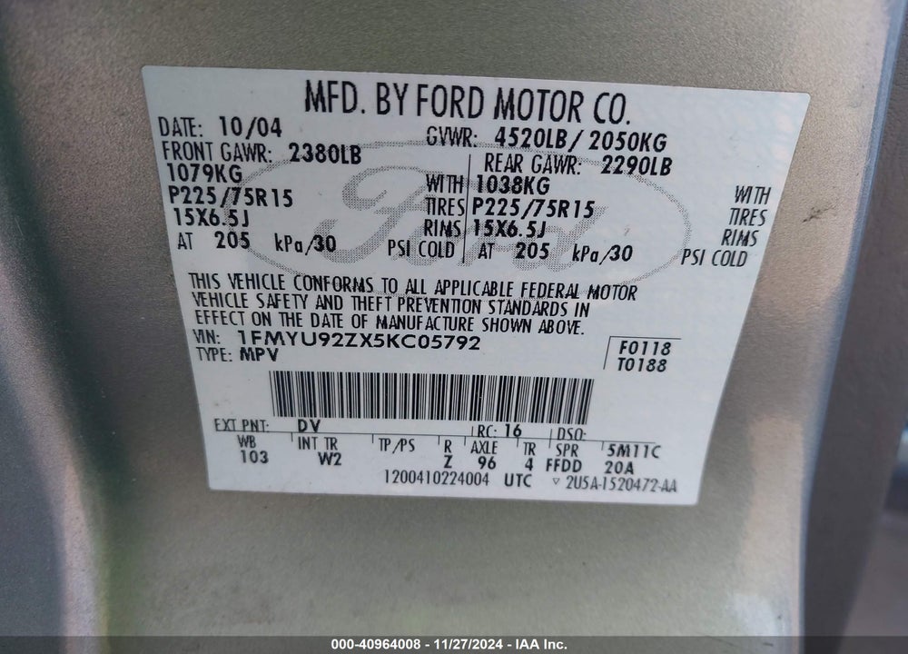 2005 FORD ESCAPE XLS VIN: 1FMYU92ZX5KC05792