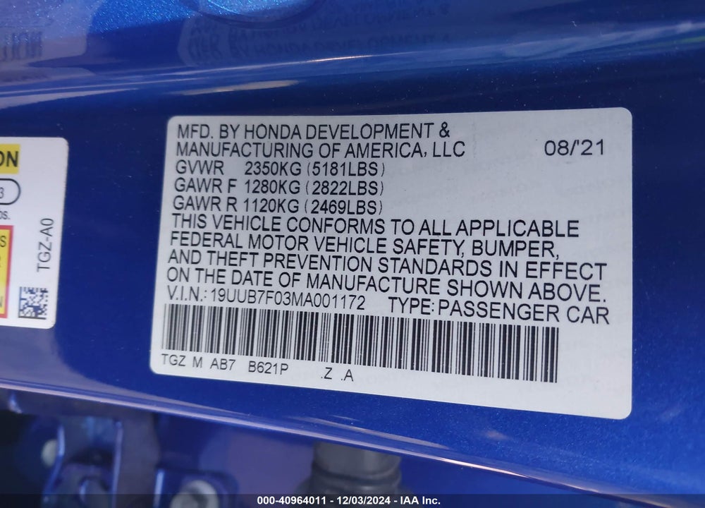 2021 ACURA TLX TYPE S VIN: 19UUB7F03MA001172
