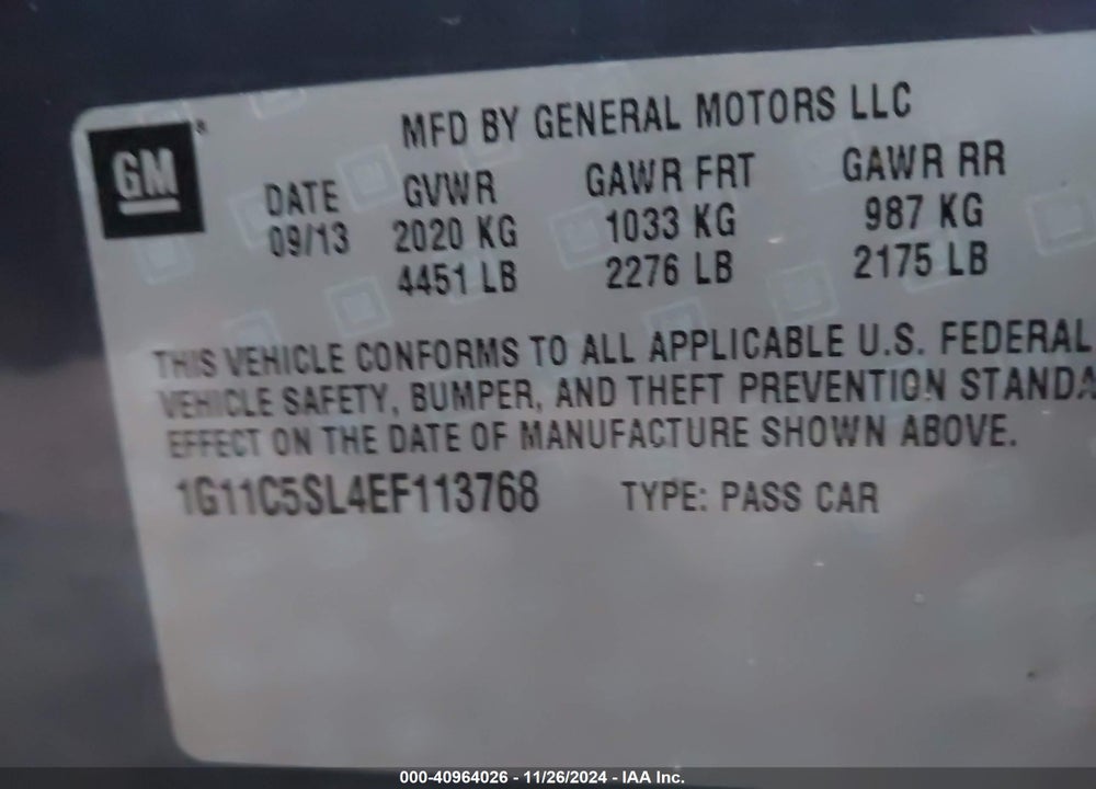 2014 CHEVROLET MALIBU 1LT VIN: 1G11C5SL4EF113768