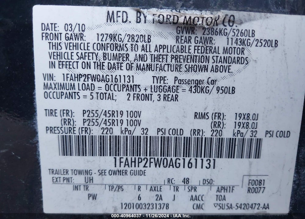 2010 FORD TAURUS LIMITED VIN: 1FAHP2FW0AG161131