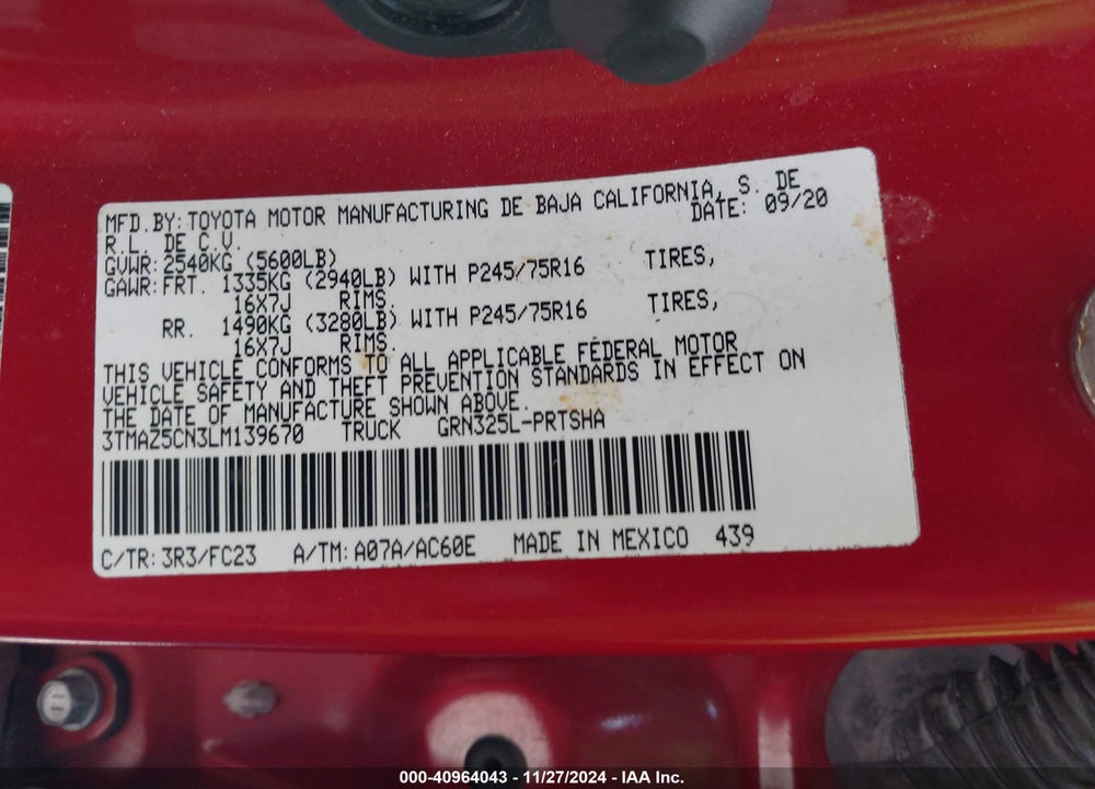 2020 TOYOTA TACOMA VIN: 3TMAZ5CN3LM139670
