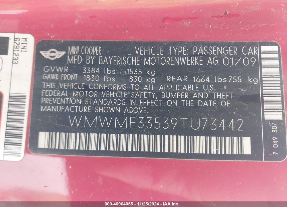 2009 MINI COOPER VIN: WMWMF33539TU73442