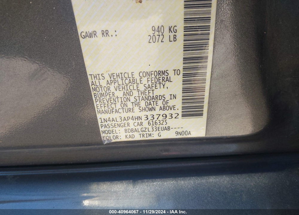 2017 NISSAN ALTIMA 2.5 S VIN: 1N4AL3AP4HN337932