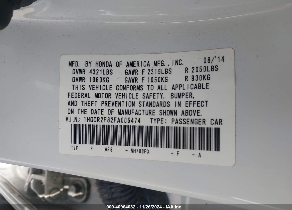 2015 HONDA ACCORD EX-L VIN: 1HGCR2F82FA005474