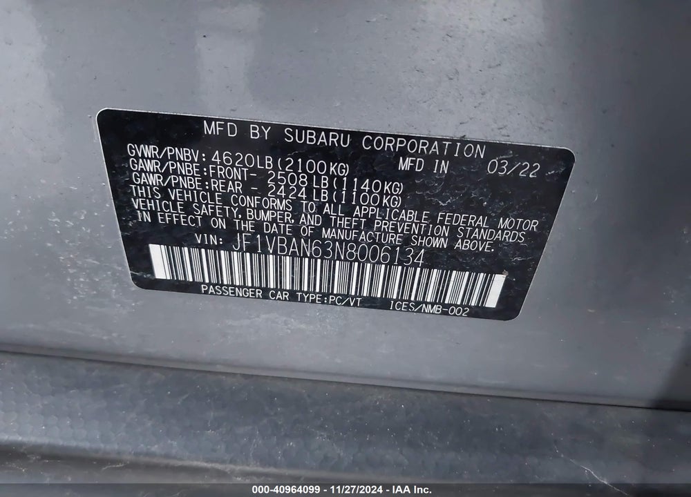 2022 SUBARU WRX LIMITED VIN: JF1VBAN63N8006134