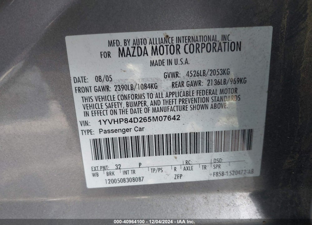 2006 MAZDA 6 S SPORT VIN: 1YVHP84D265M07642