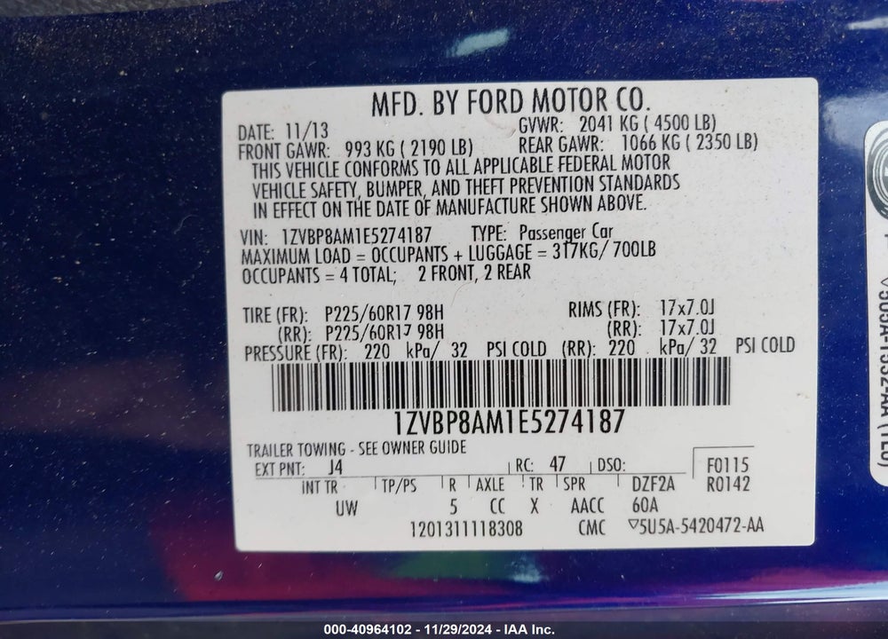 2014 FORD MUSTANG V6 VIN: 1ZVBP8AM1E5274187
