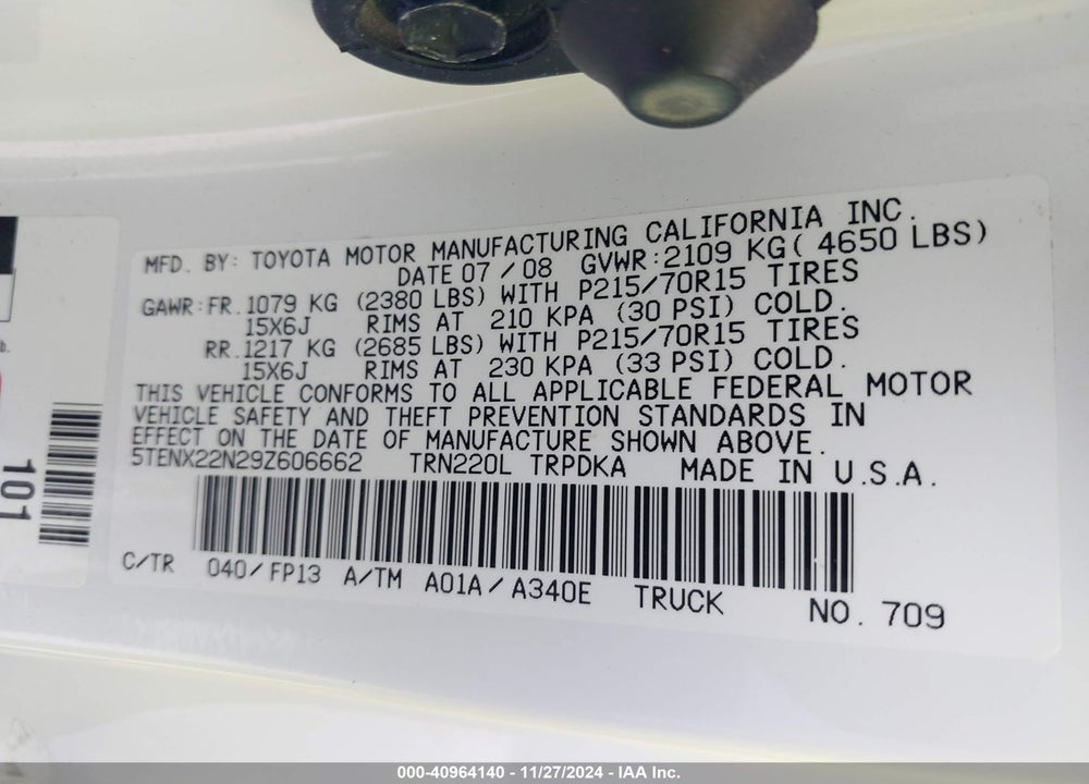 2009 TOYOTA TACOMA VIN: 5TENX22N29Z606662
