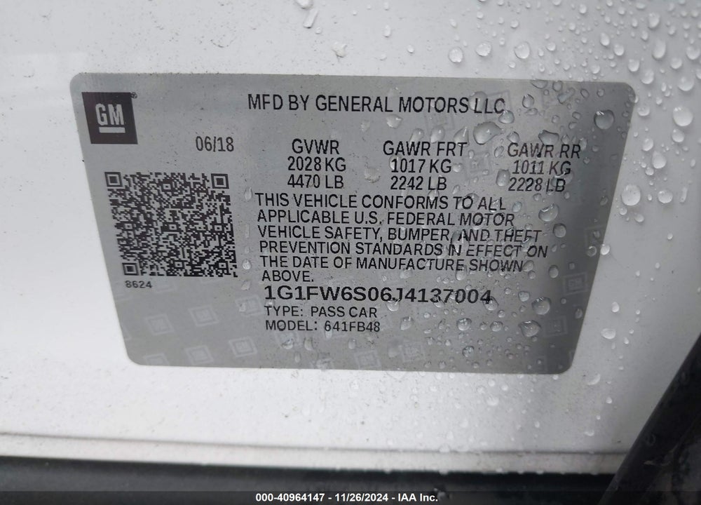 2018 CHEVROLET BOLT EV LT VIN: 1G1FW6S06J4137004