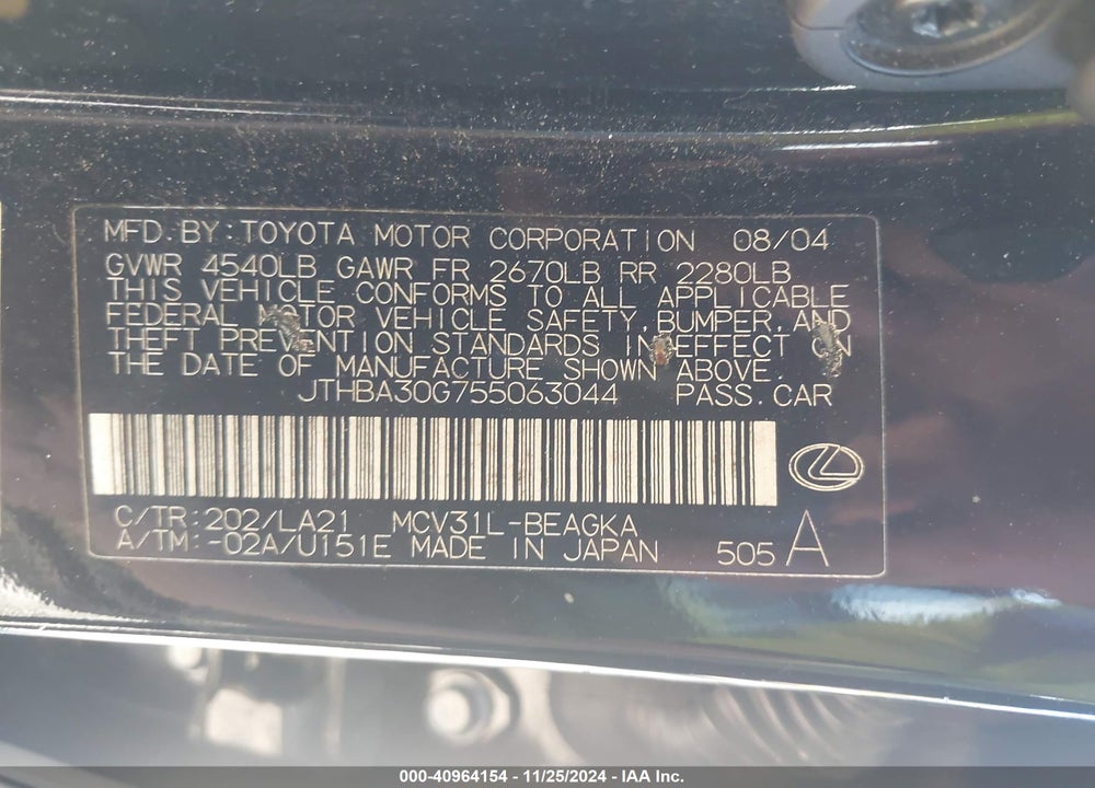 2005 LEXUS ES 330 VIN: JTHBA30G755063044