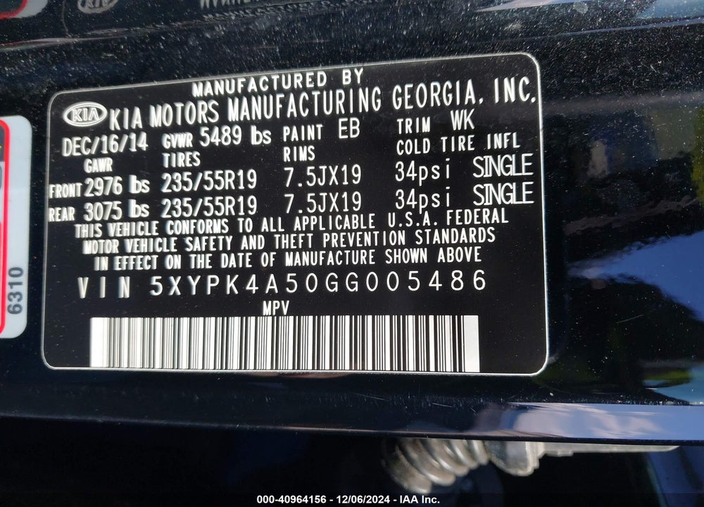2016 KIA SORENTO 3.3L SXL VIN: 5XYPK4A50GG005486