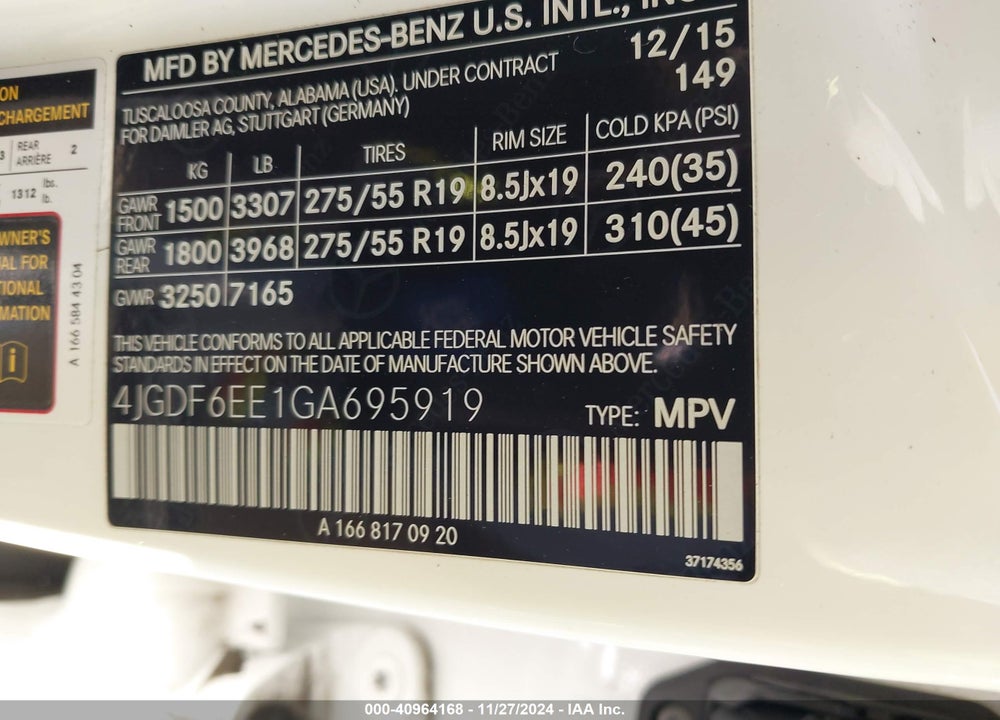 2016 MERCEDES-BENZ GL 450 4MATIC VIN: 4JGDF6EE1GA695919