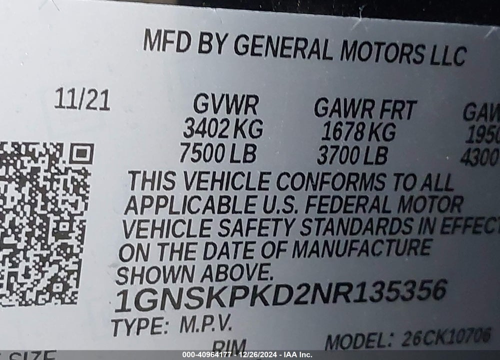 2022 CHEVROLET TAHOE 4WD Z71 VIN: 1GNSKPKD2NR135356