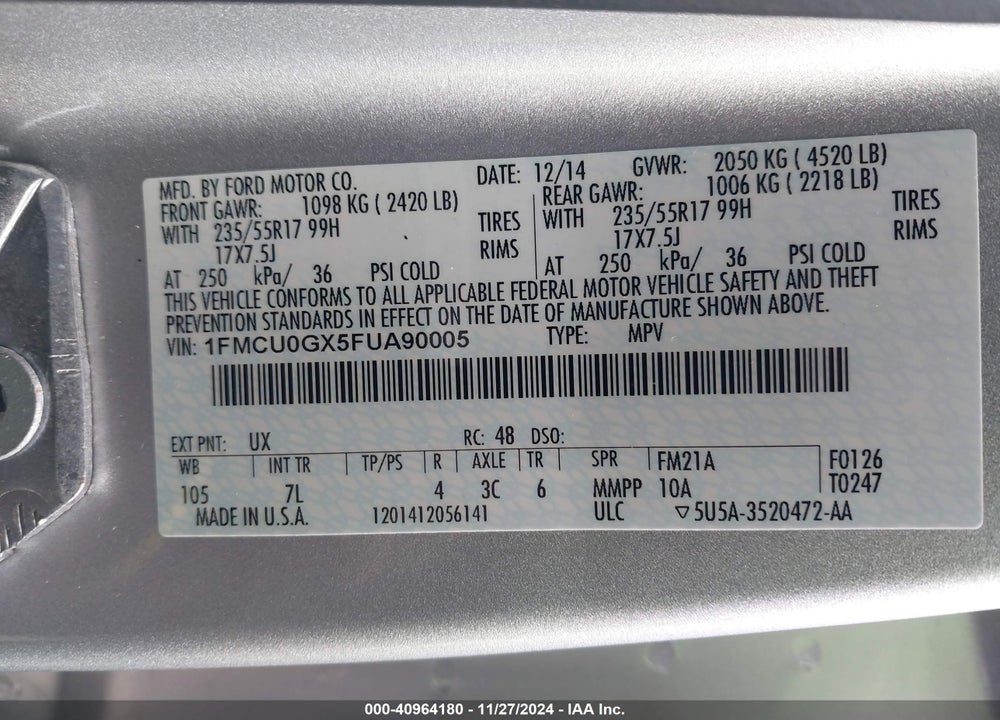 2015 FORD ESCAPE SE VIN: 1FMCU0GX5FUA90005