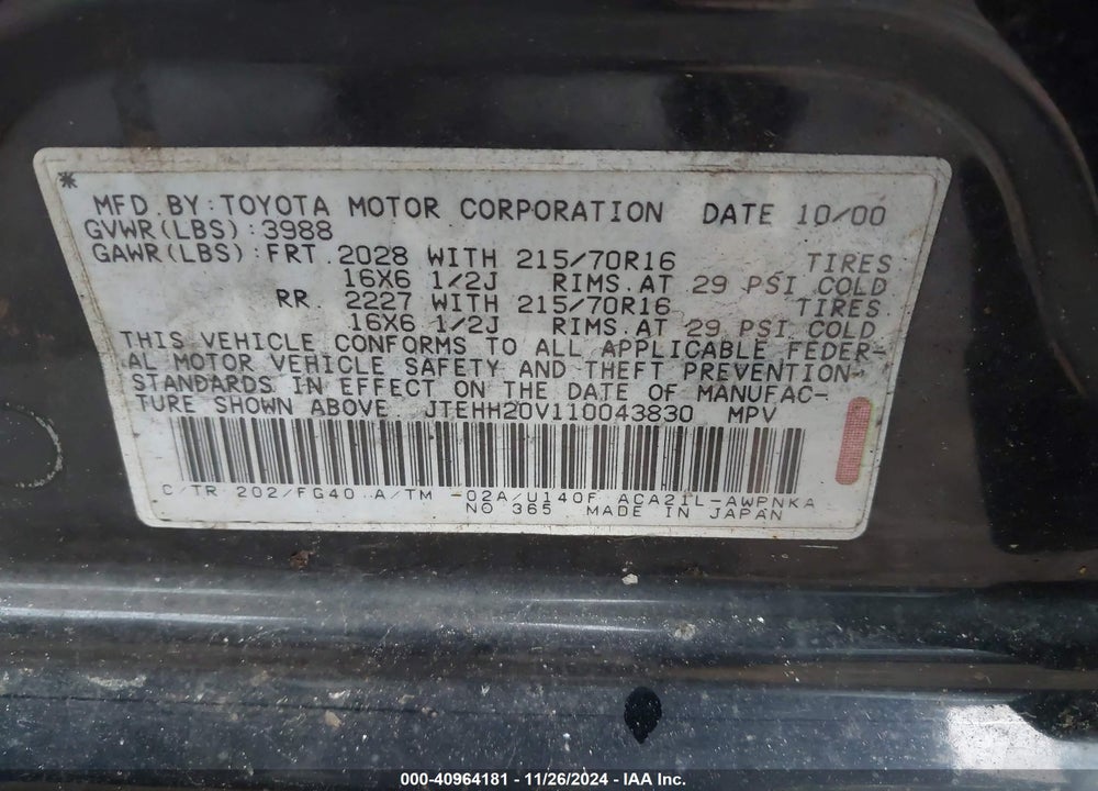 2001 TOYOTA RAV4 VIN: JTEHH20V110043830