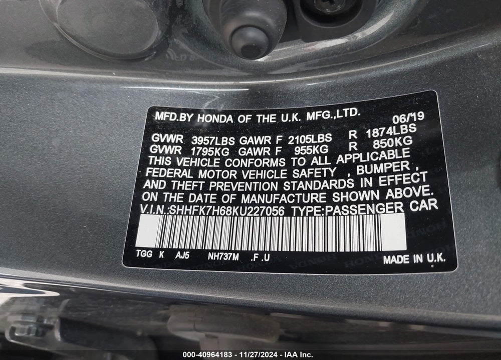 2019 HONDA CIVIC EX VIN: SHHFK7H68KU227056