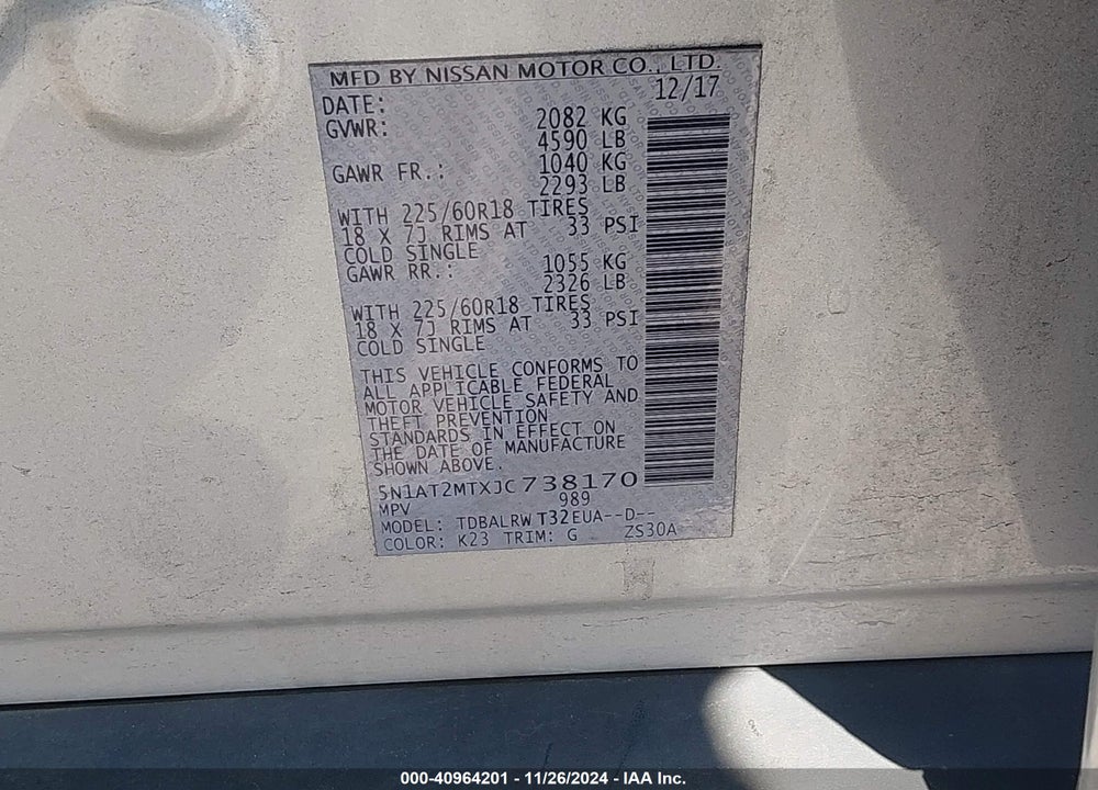 2018 NISSAN ROGUE SL VIN: 5N1AT2MTXJC738170