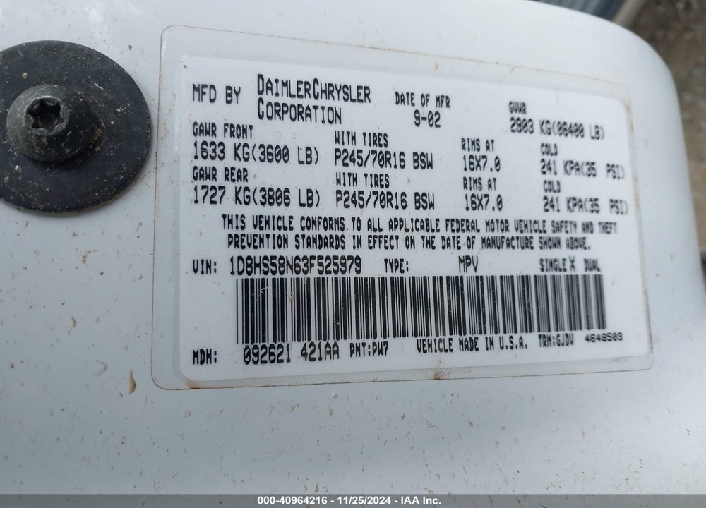 2003 DODGE DURANGO SLT PLUS VIN: 1D8HS58N63F525979
