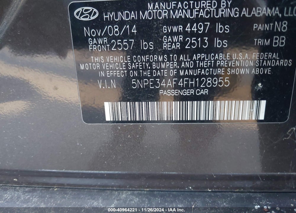 2015 HYUNDAI SONATA LIMITED VIN: 5NPE34AF4FH128955