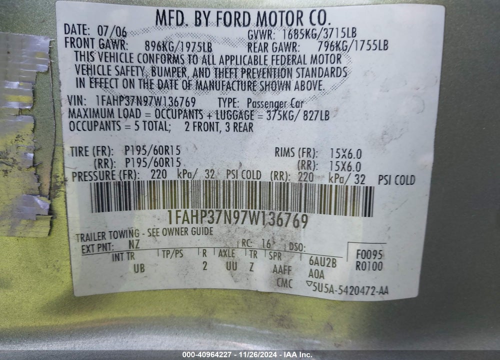 2007 FORD FOCUS S/SE/SES VIN: 1FAHP37N97W136769