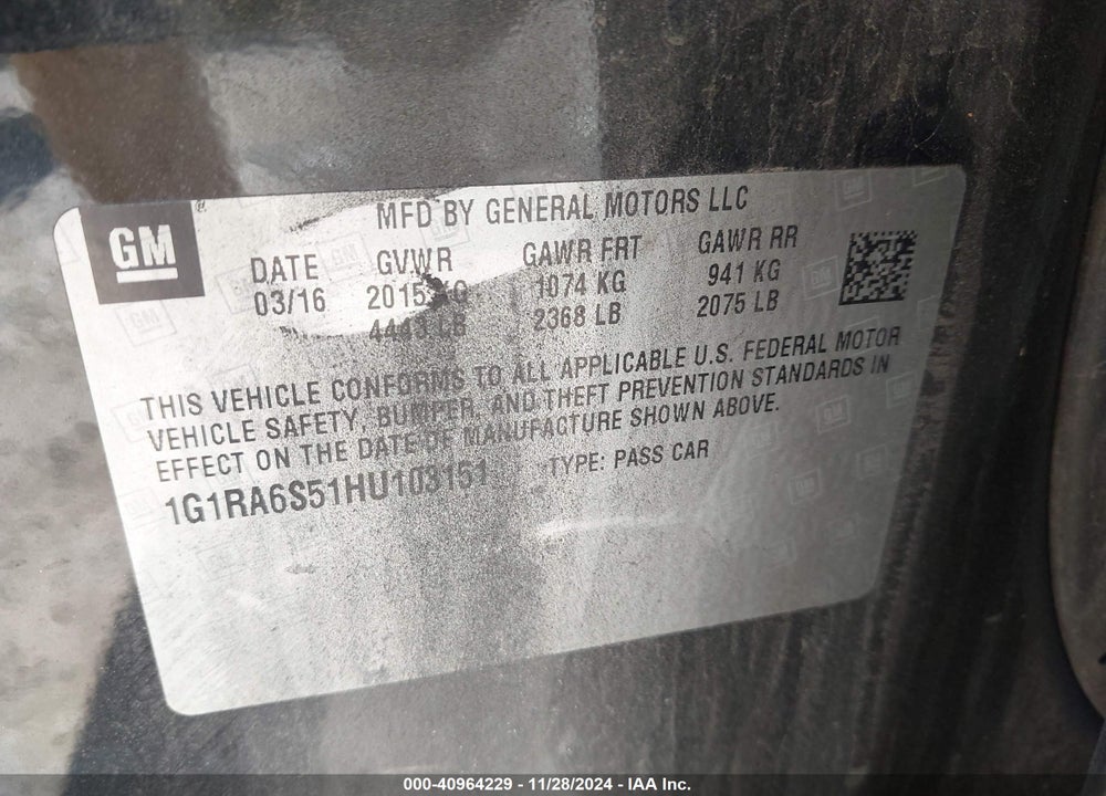 2017 CHEVROLET VOLT LT VIN: 1G1RA6S51HU103151