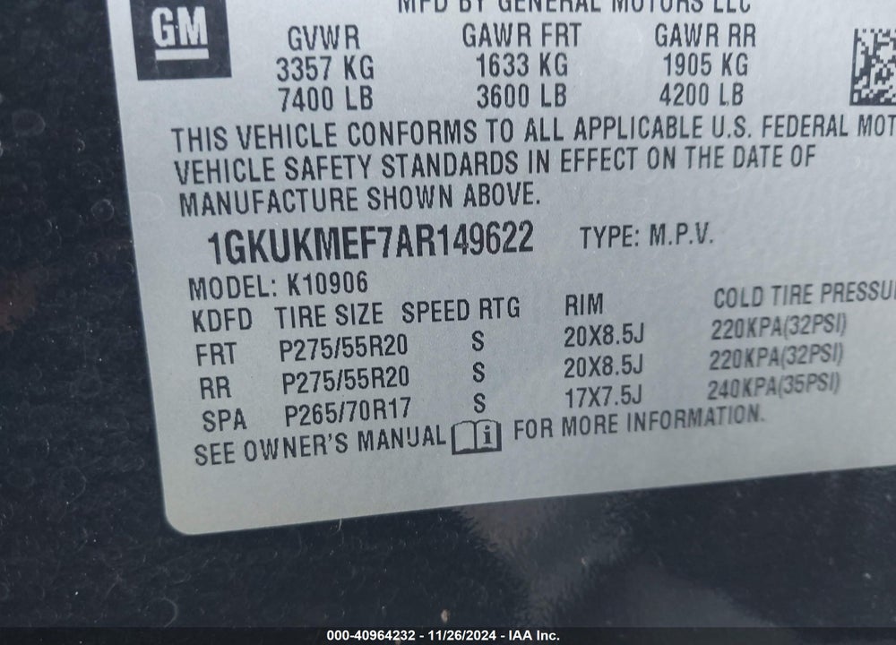 2010 GMC YUKON XL 1500 DENALI VIN: 1GKUKMEF7AR149622