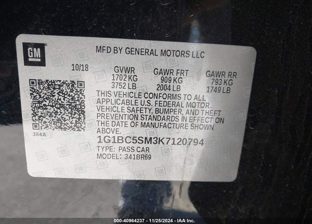 2019 CHEVROLET CRUZE LS VIN: 1G1BC5SM3K7120794