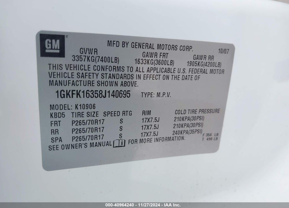 2008 GMC YUKON XL 1500 SLT VIN: 1GKFK16358J140695