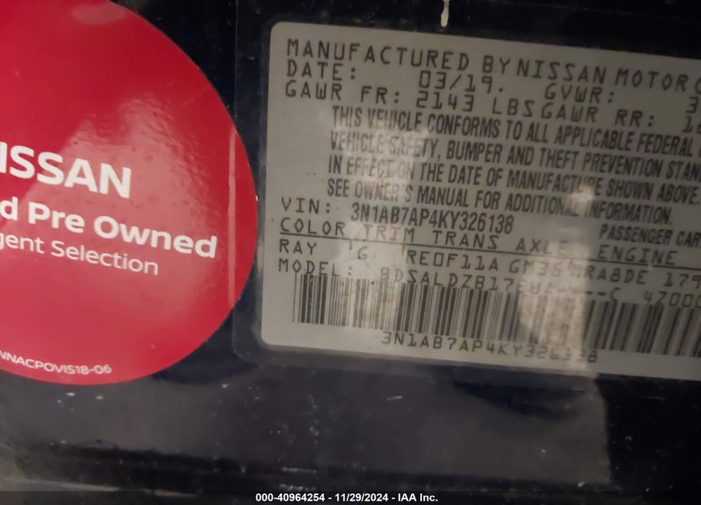 2019 NISSAN SENTRA SV VIN: 3N1AB7AP4KY326138