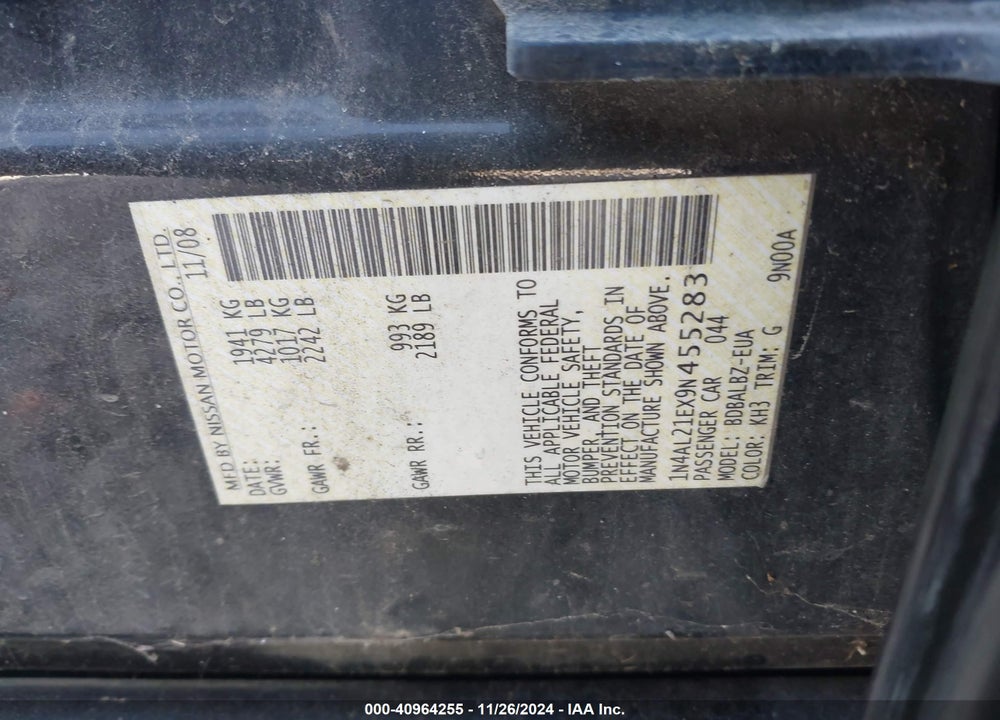 2009 NISSAN ALTIMA 2.5 S VIN: 1N4AL21EX9N455283