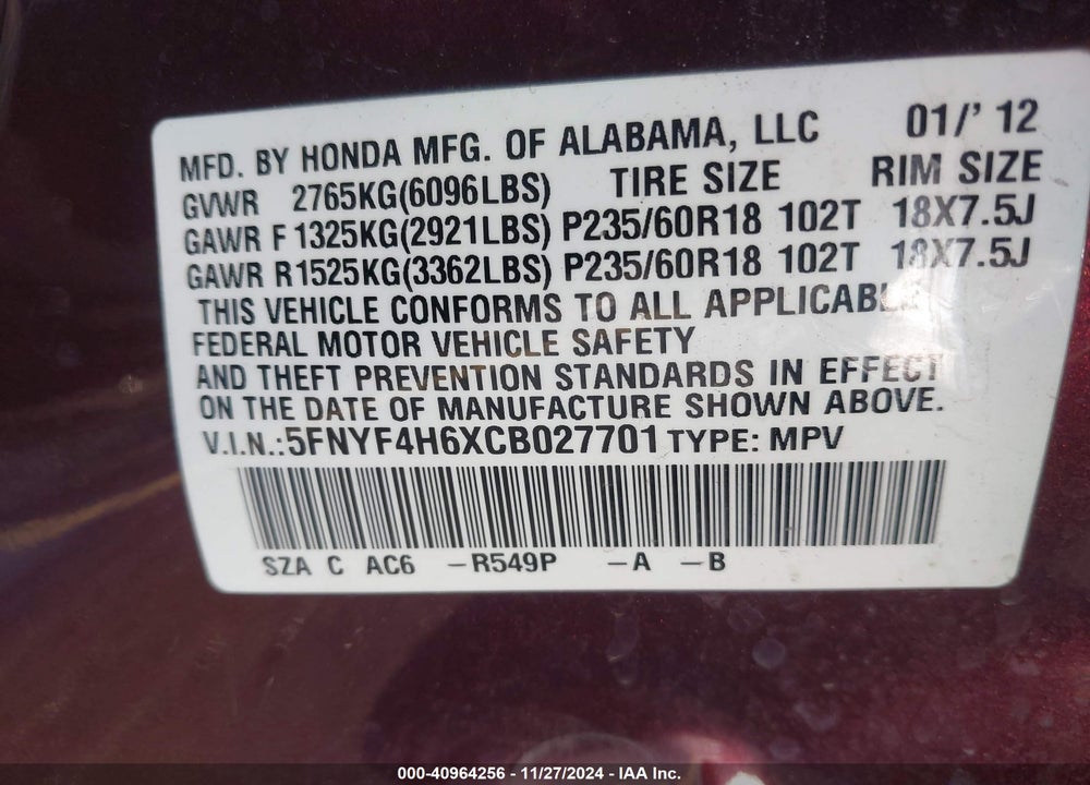2012 HONDA PILOT EX-L VIN: 5FNYF4H6XCB027701