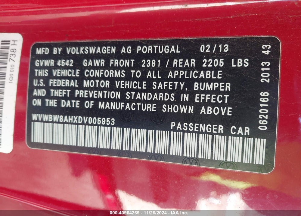 2013 VOLKSWAGEN EOS KOMFORT VIN: WVWBW8AHXDV005953