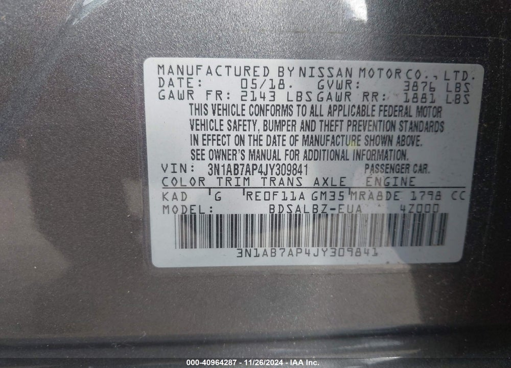 2018 NISSAN SENTRA S VIN: 3N1AB7AP4JY309841