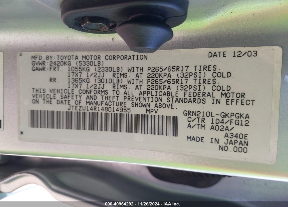 2004 TOYOTA 4RUNNER SR5 V6 VIN: JTEZU14R148014955