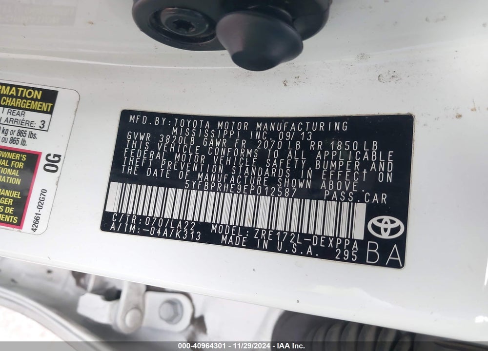 2014 TOYOTA COROLLA VIN: 5YFBPRHE9EP012587