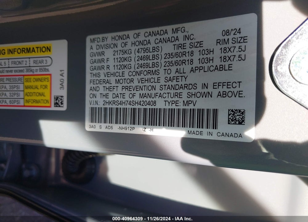 2025 HONDA CR-V EX-L AWD VIN: 2HKRS4H74SH420408