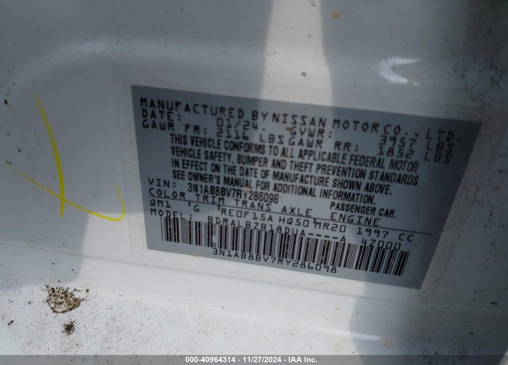 2024 NISSAN SENTRA S XTRONIC CVT VIN: 3N1AB8BV7RY286098