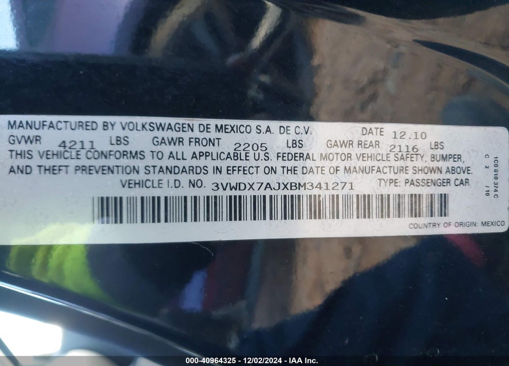 2011 VOLKSWAGEN JETTA 2.5L SE VIN: 3VWDX7AJXBM341271