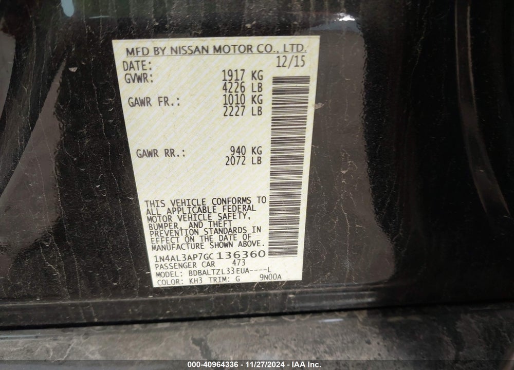 2016 NISSAN ALTIMA 2.5 SL VIN: 1N4AL3AP7GC136360
