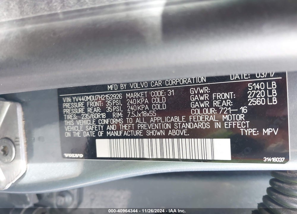 2017 VOLVO XC60 T5 INSCRIPTION VIN: YV440MDU7H2152926