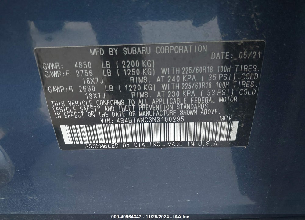 2022 SUBARU OUTBACK LIMITED VIN: 4S4BTANC3N3100295