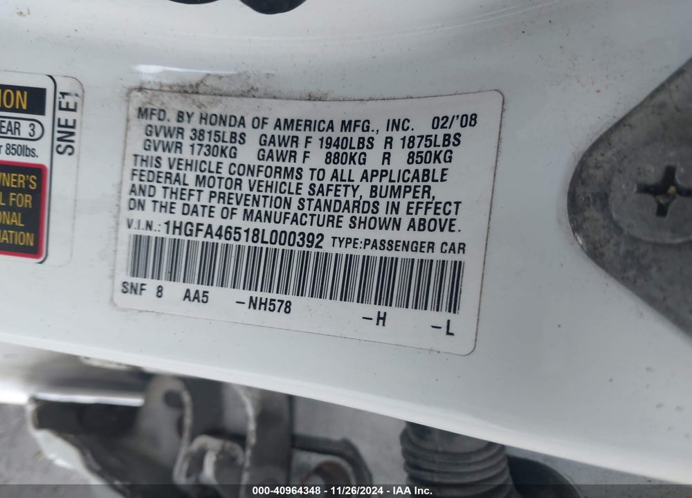 2008 HONDA CIVIC GX VIN: 1HGFA46518L000392