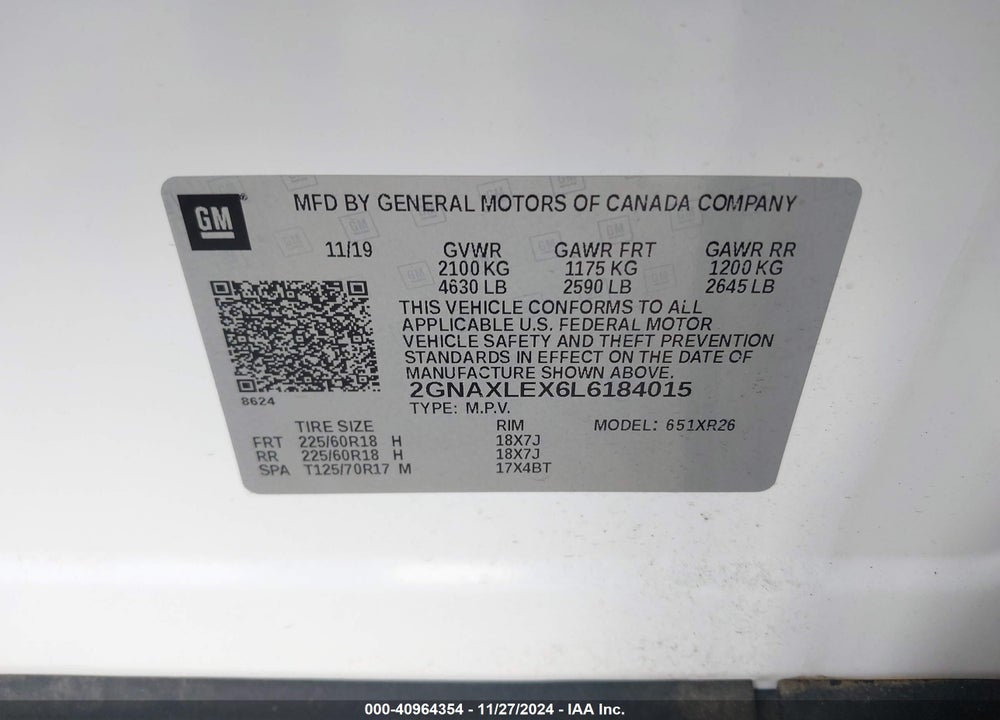2020 CHEVROLET EQUINOX FWD LT 2.0L TURBO VIN: 2GNAXLEX6L6184015
