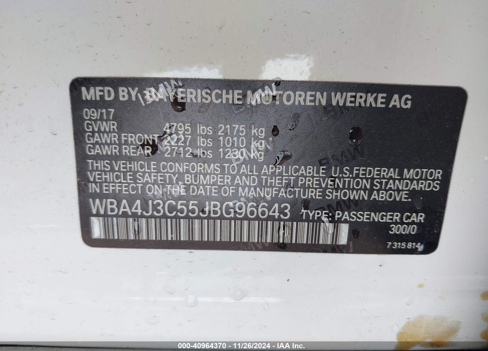 2018 BMW 430XI VIN: WBA4J3C55JBG96643