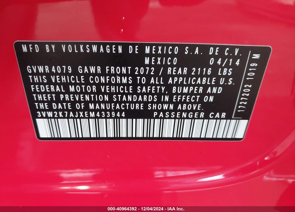 2014 VOLKSWAGEN JETTA 2.0L S VIN: 3VW2K7AJXEM433944