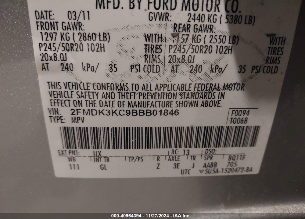2011 FORD EDGE LIMITED VIN: 2FMDK3KC9BBB01846