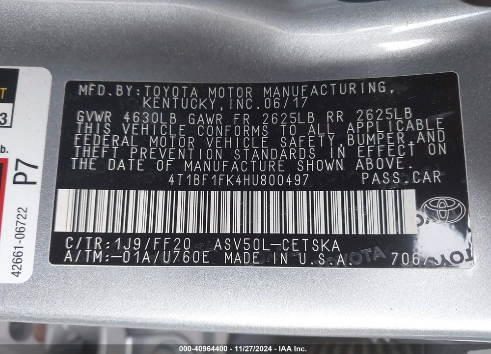 2017 TOYOTA CAMRY SE VIN: 4T1BF1FK4HU800497