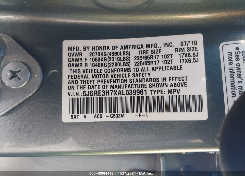 2010 HONDA CR-V EX-L VIN: 5J6RE3H7XAL039961