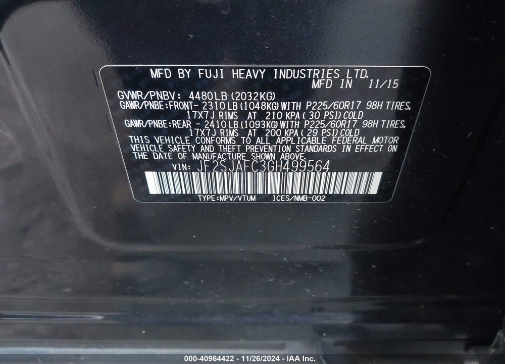 2016 SUBARU FORESTER 2.5I PREMIUM VIN: JF2SJAFC3GH499564