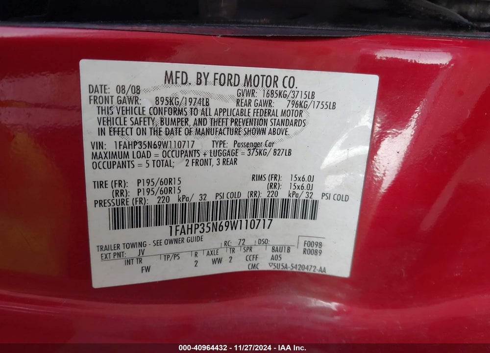 2009 FORD FOCUS SE VIN: 1FAHP35N69W110717